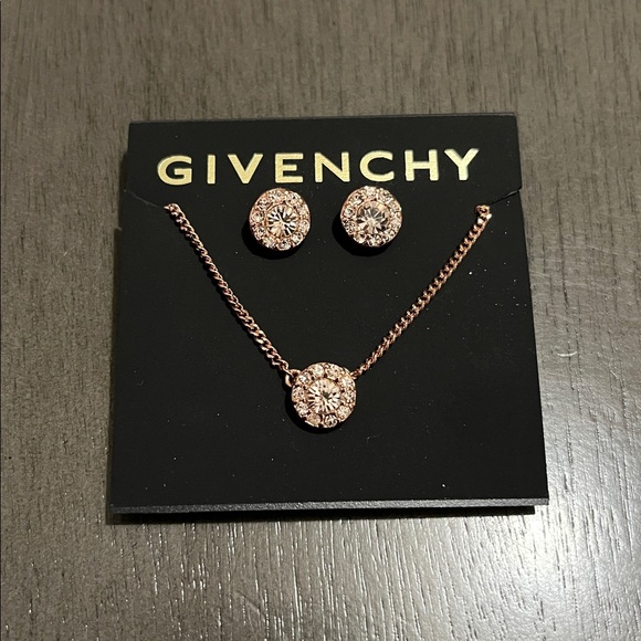 Givenchy Rose Gold Plate CZ Necklace Earrings 2pc Set Cuban Chain Luxury Fashion